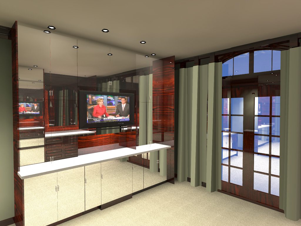 A room with a television and a large mirror.