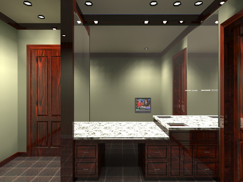 A bathroom with a large mirror and wooden cabinets.