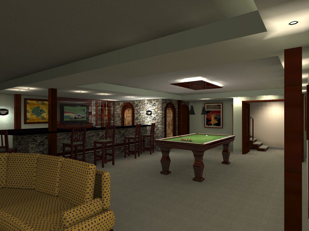 A computer generated image of a room with a pool table.