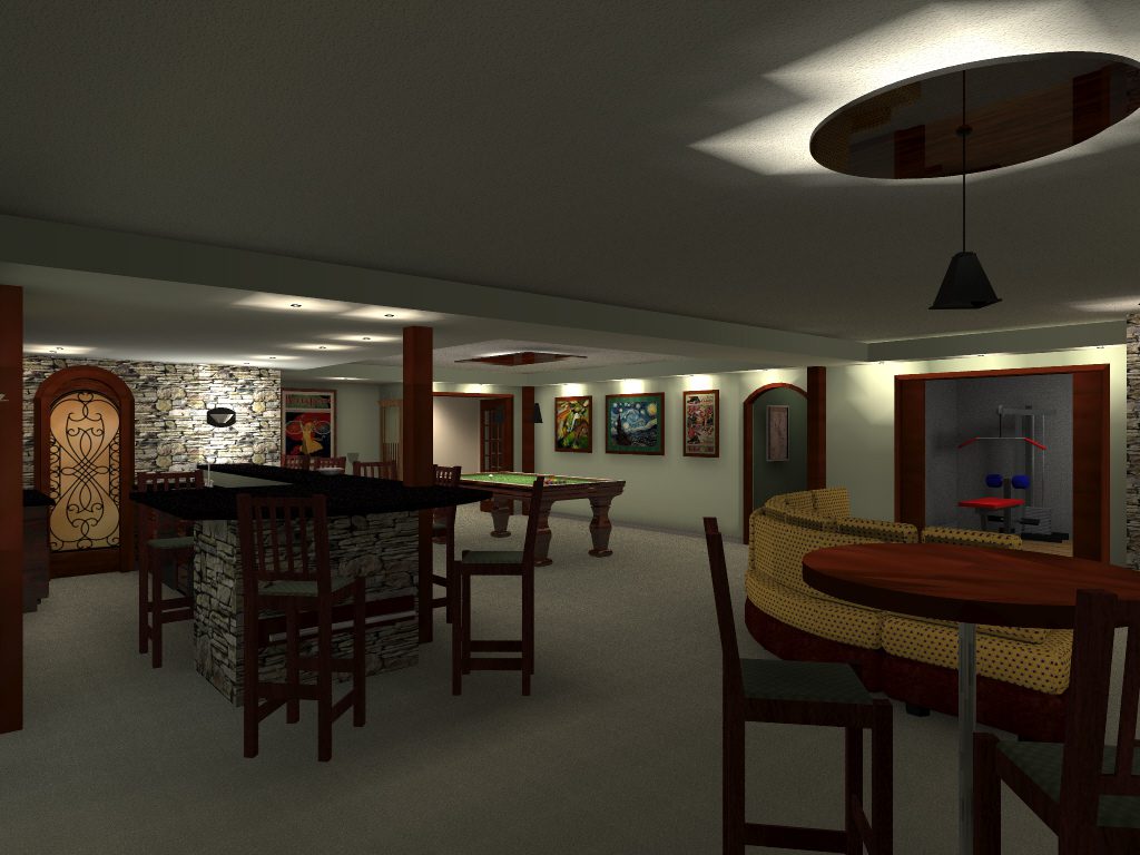 A 3 d rendering of the interior of a restaurant.