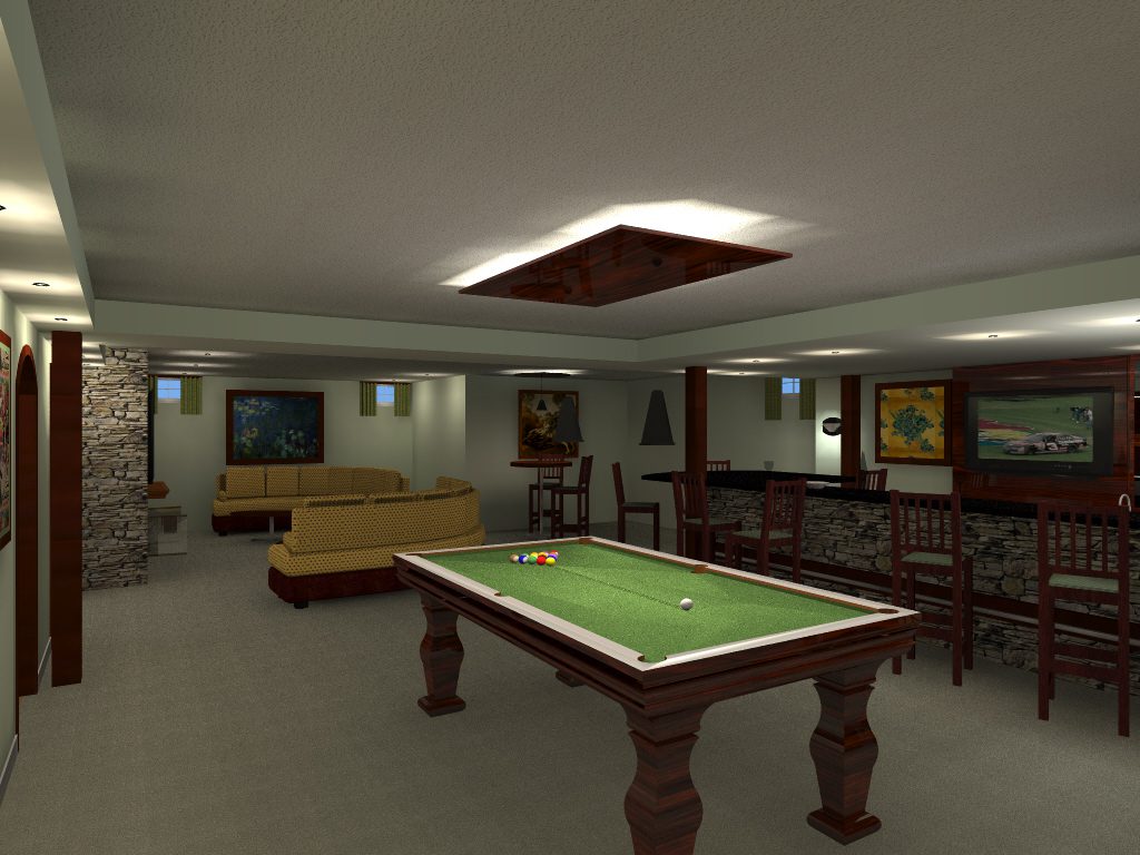 A pool table in the middle of a room.