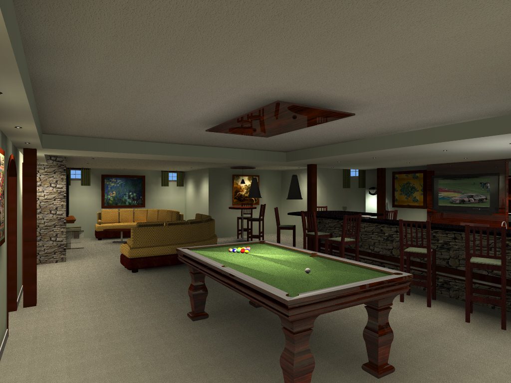 A pool table in the middle of a room.