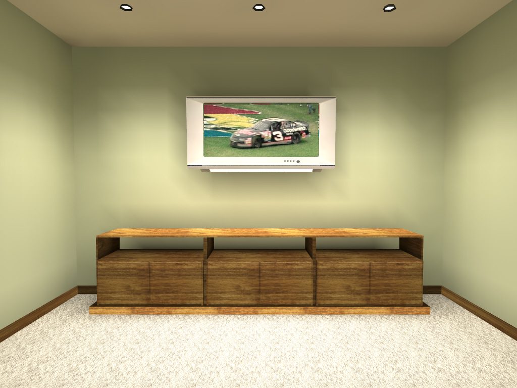 A television mounted on the wall above a wooden cabinet.