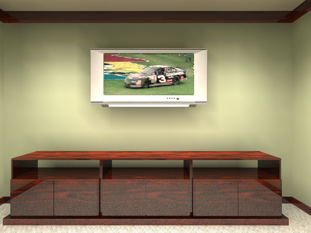 A tv mounted on the wall above a wooden cabinet.