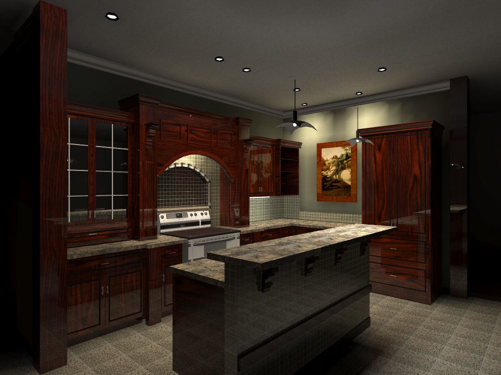 A kitchen with a large island and wooden cabinets.