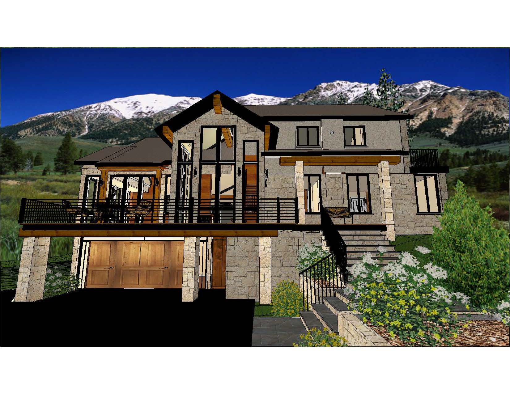 A 3 d rendering of a house with mountains in the background.