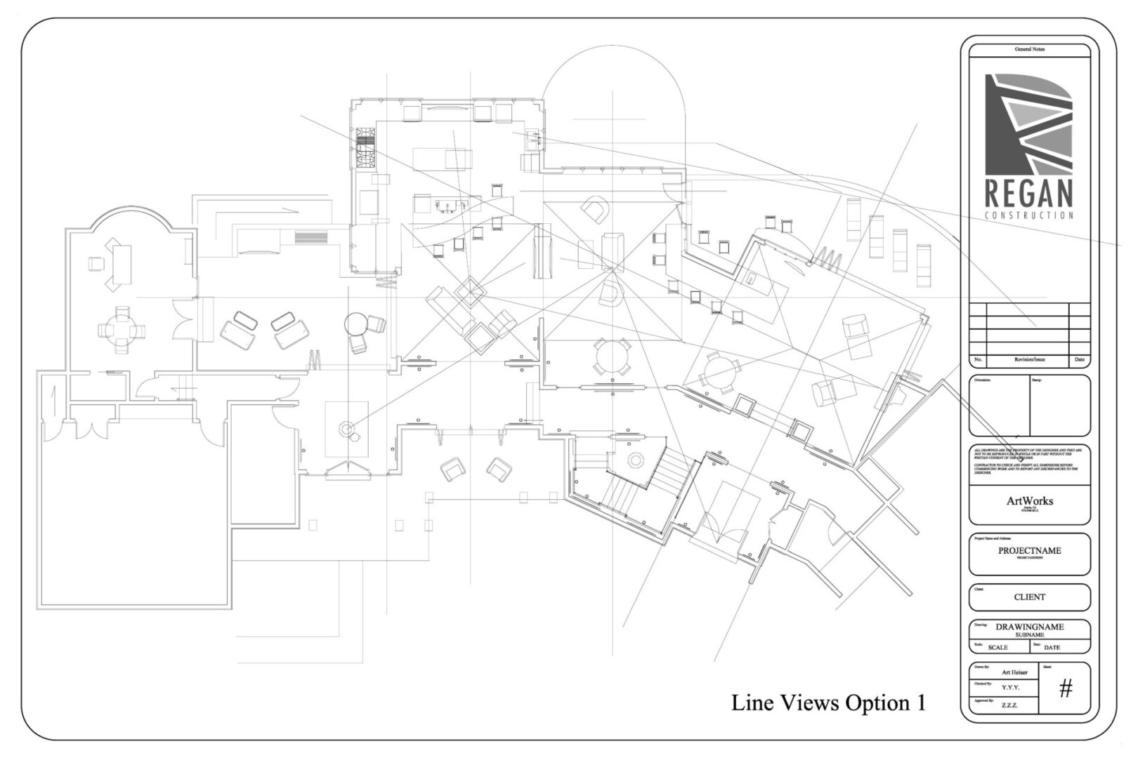 A line drawing of the floor plan for a building.