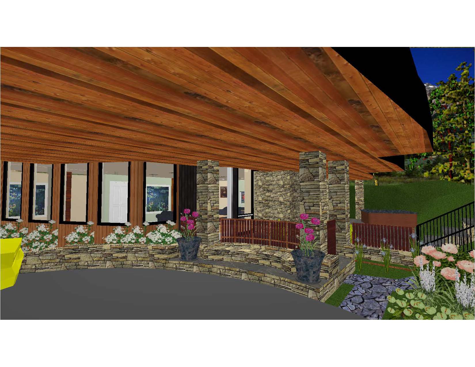 A 3 d rendering of the front porch area.