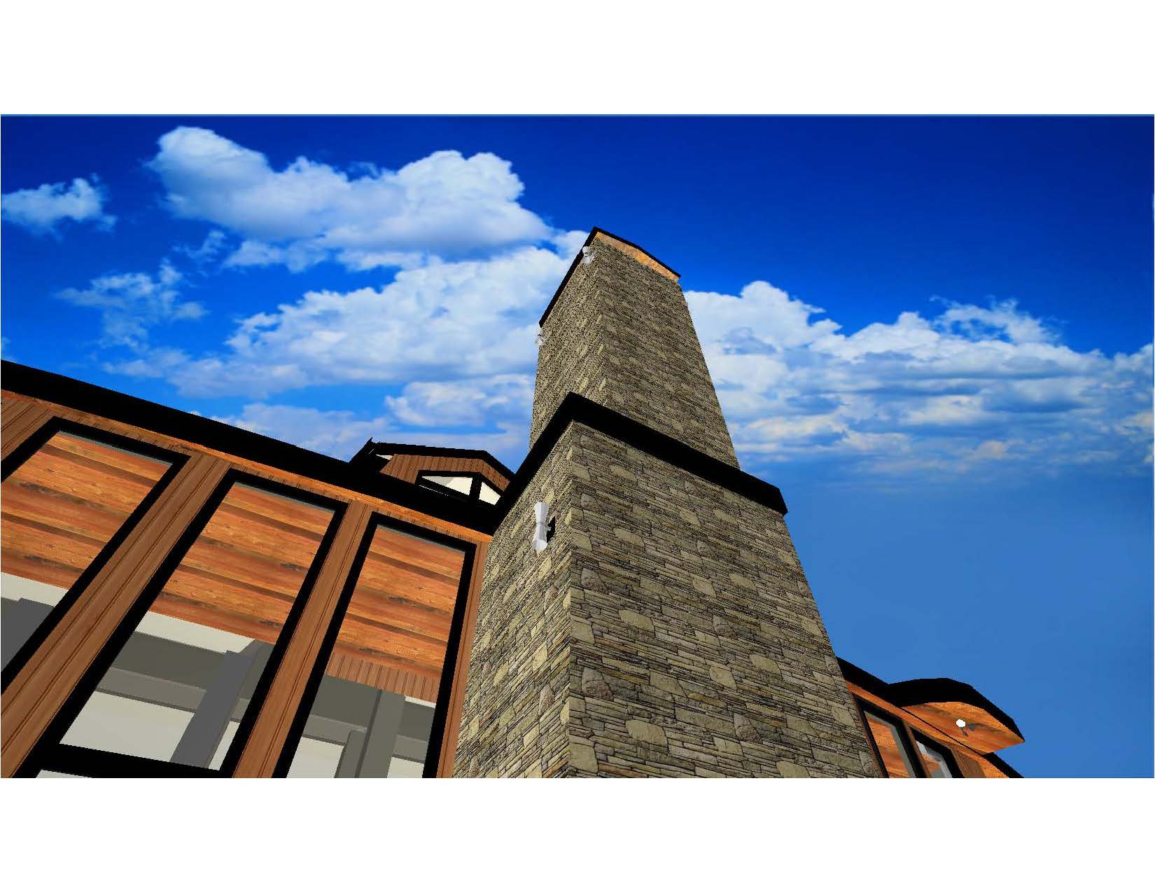 A building with a brick chimney and wooden trim.