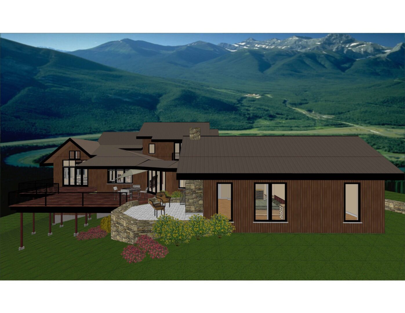 A rendering of the back of a house with mountains in the background.