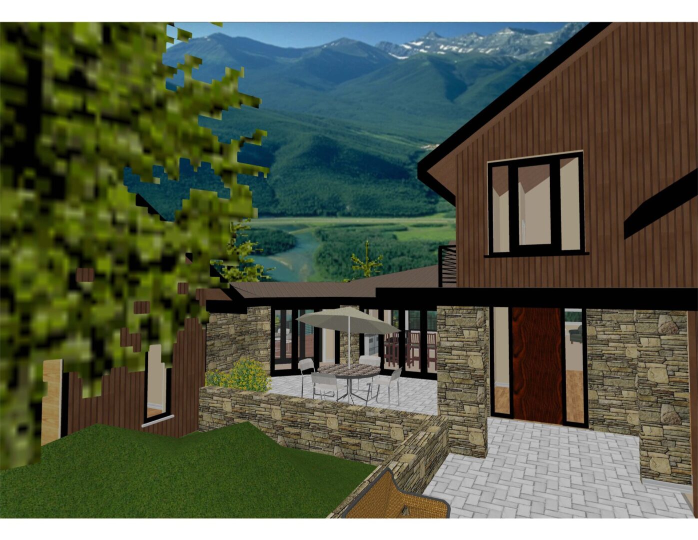 A 3 d rendering of the back yard of a house.