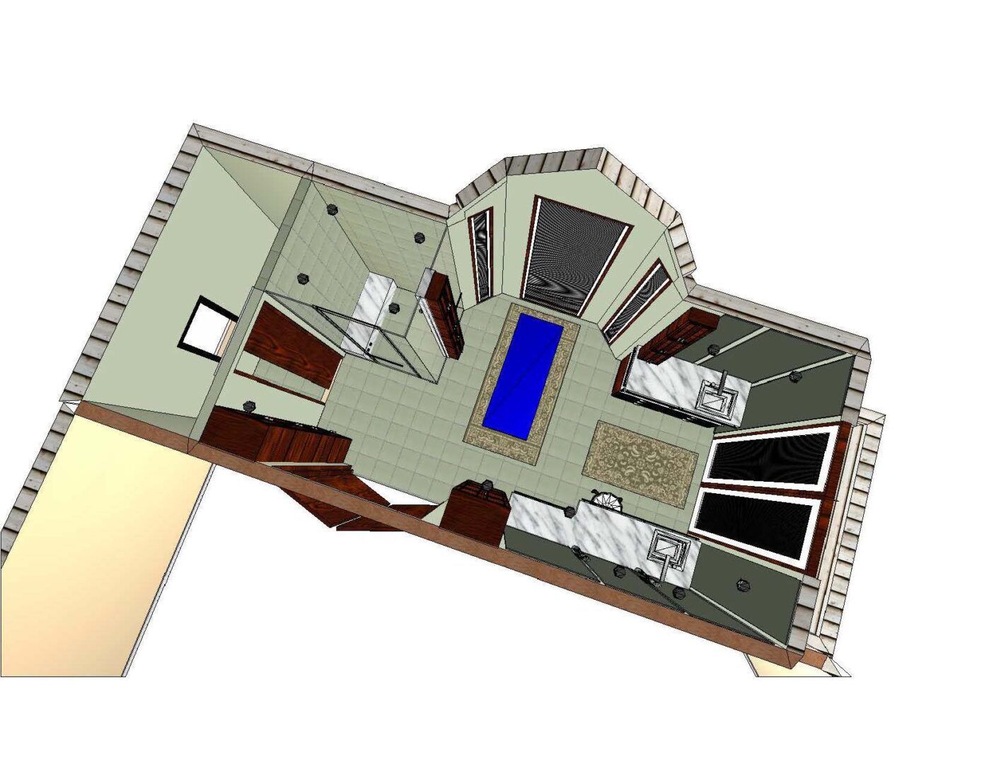 A 3 d image of the top floor of a house