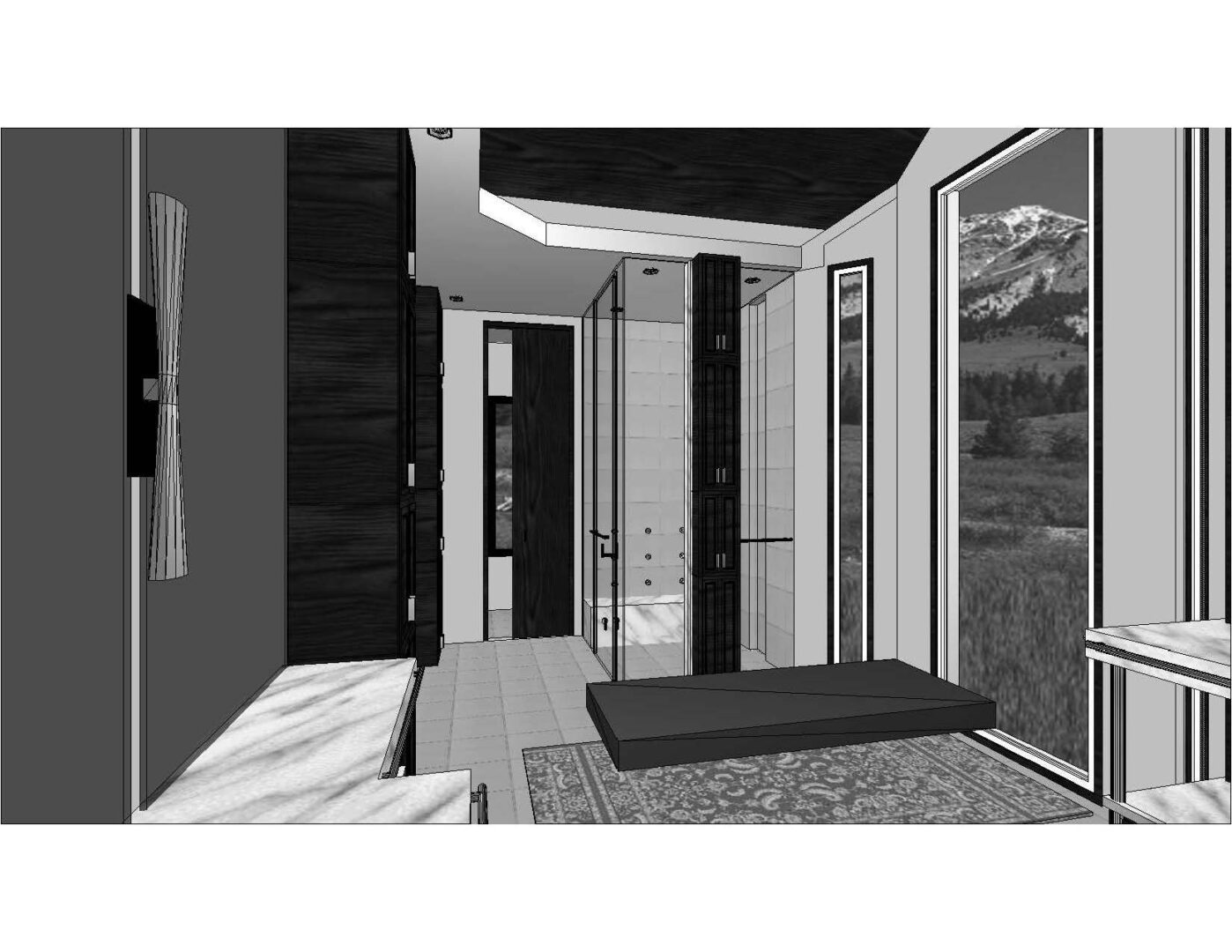 A black and white rendering of a room with a mountain view.