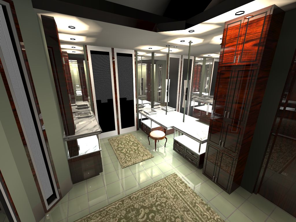 A bathroom with many mirrors and rugs on the floor