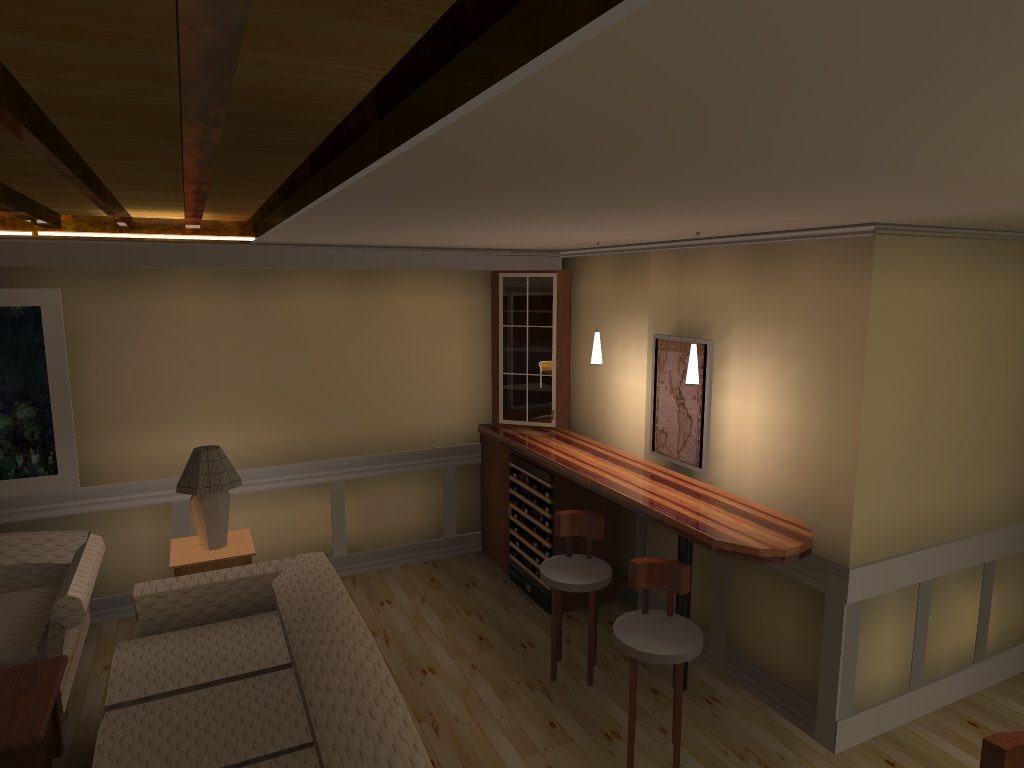 A computer generated image of a living room.