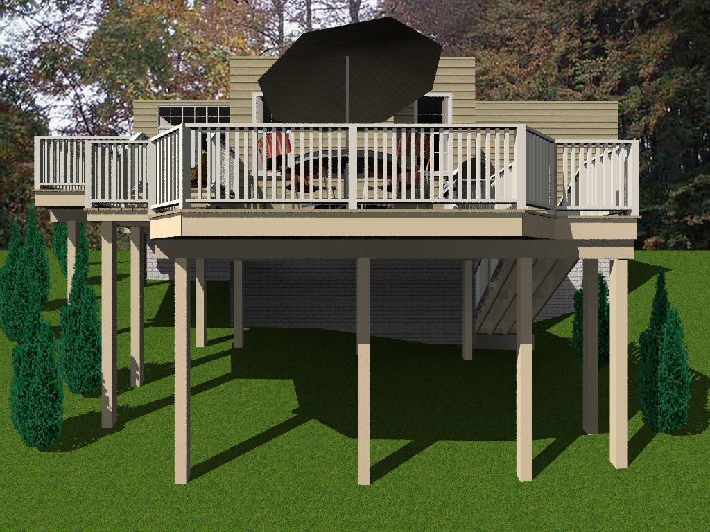 A rendering of the deck and patio area.