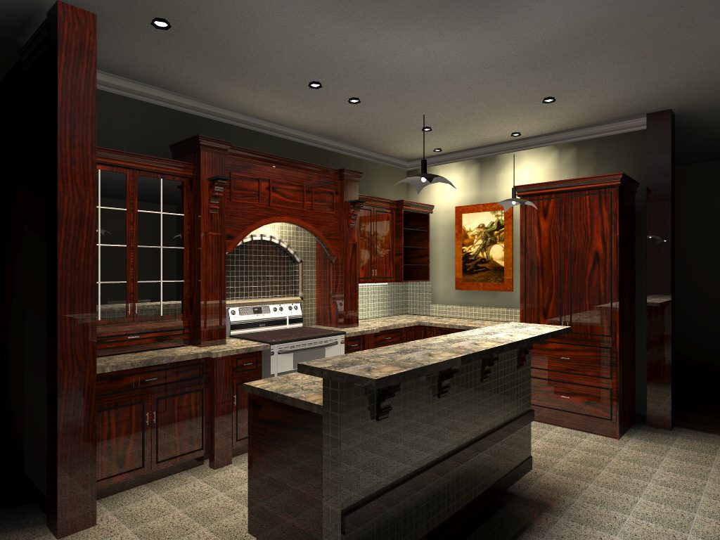 A kitchen with a large island and wooden cabinets.