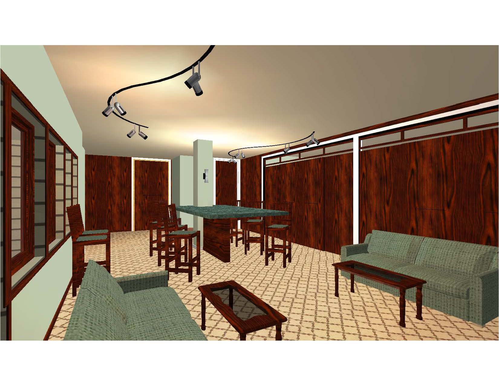 A computer generated image of a room with furniture.