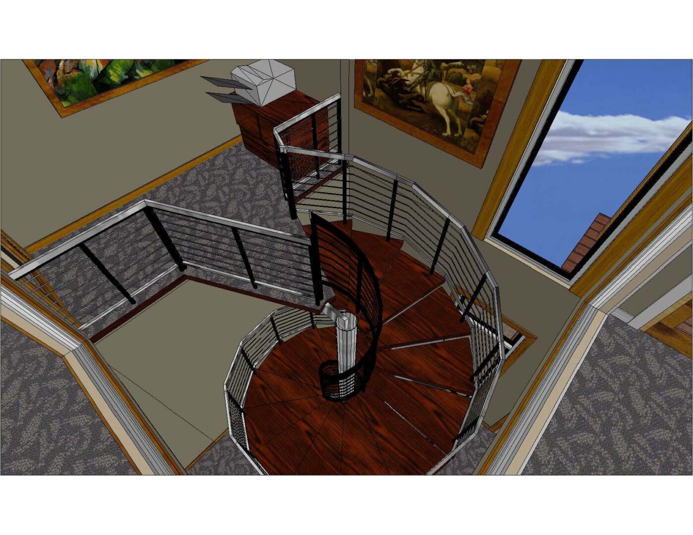 A 3 d image of the top view of a spiral staircase.