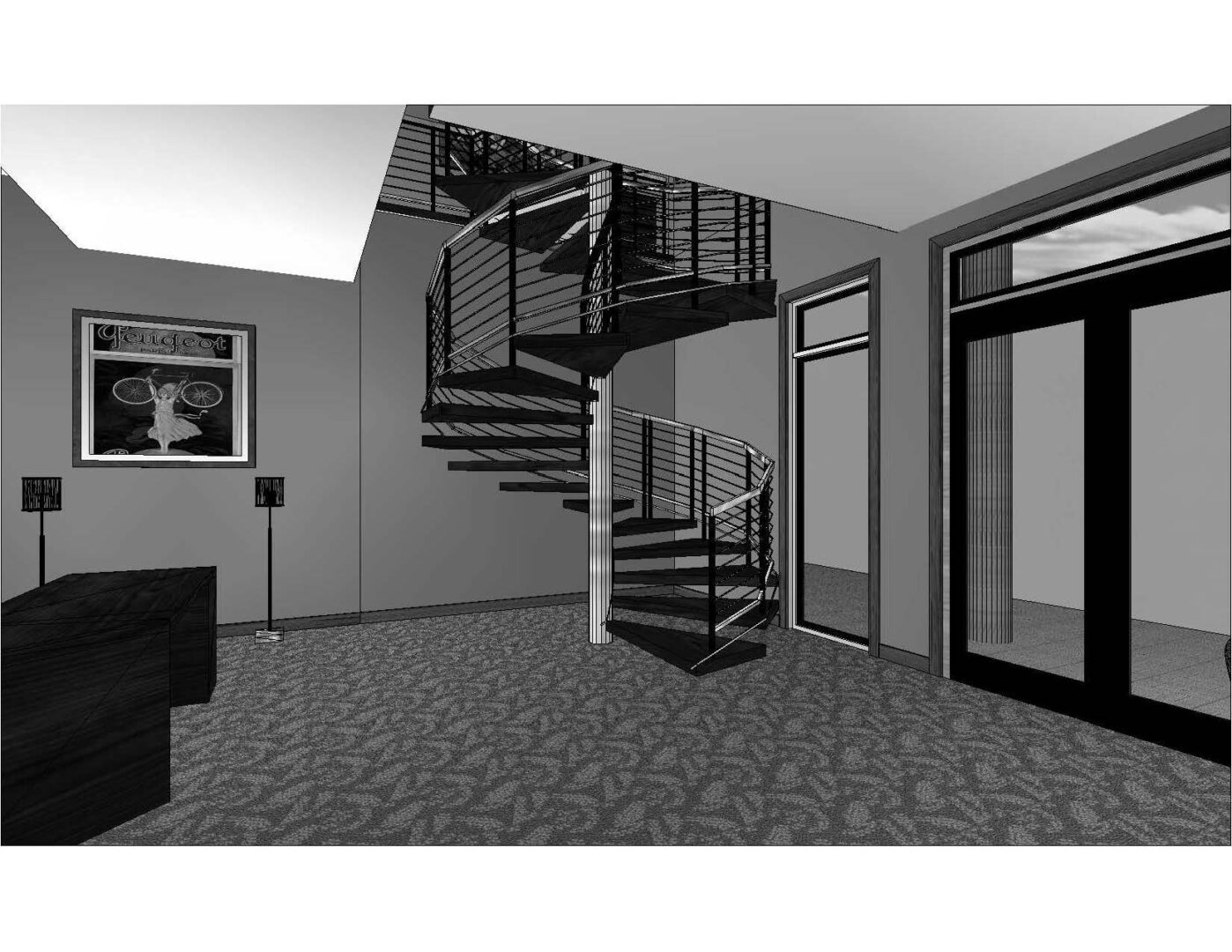 A black and white image of a room with stairs.