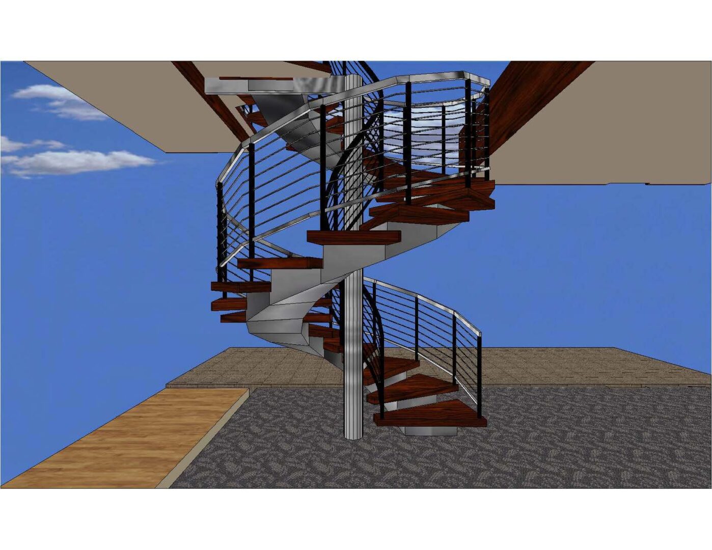 A 3 d image of the spiral staircase in the house.