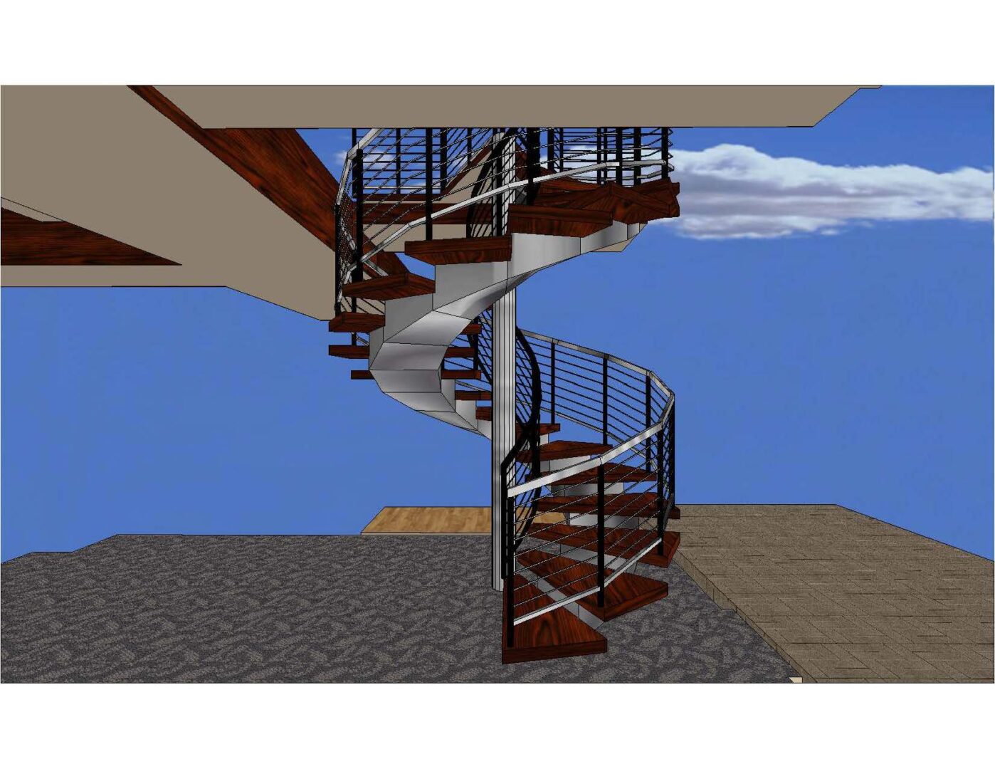 A spiral staircase with metal railing and wood steps.