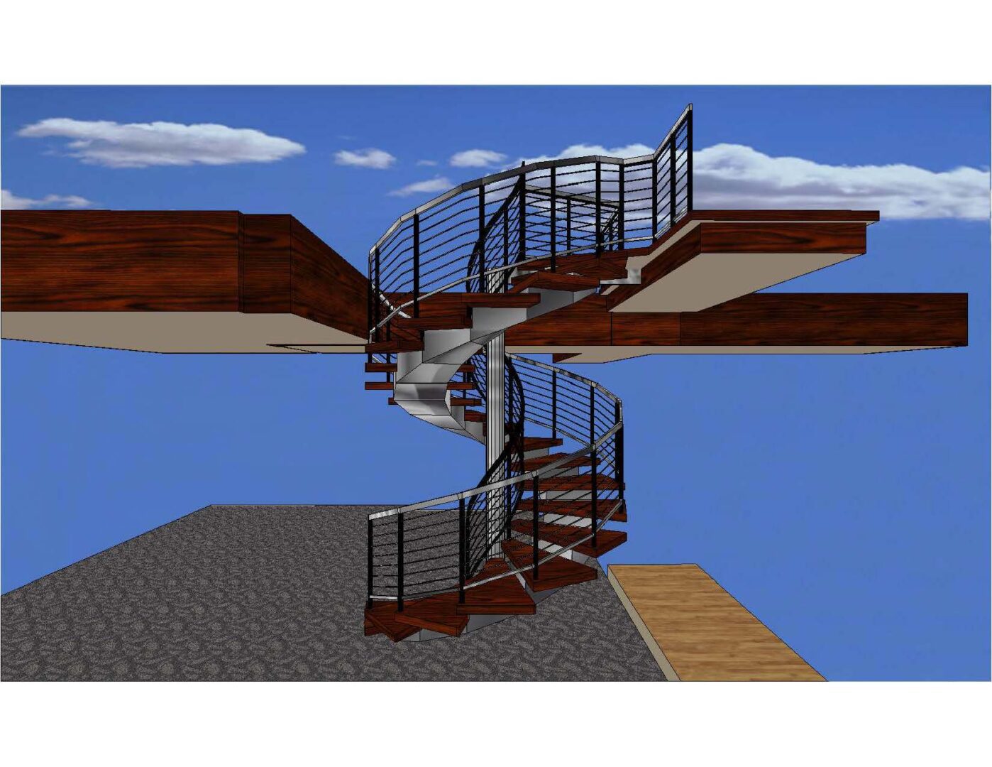 A 3 d image of the spiral staircase in the house.