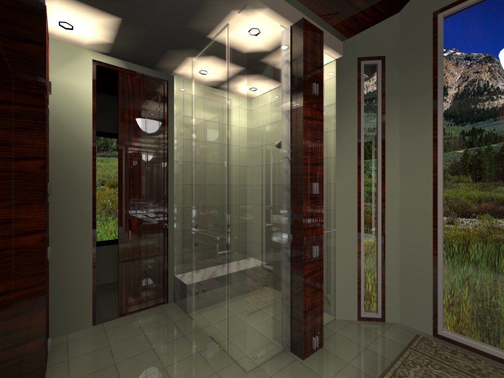 A bathroom with a glass shower and tiled floors.