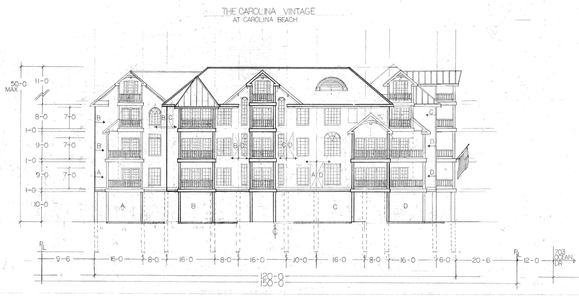 A drawing of the front elevation of an apartment building.