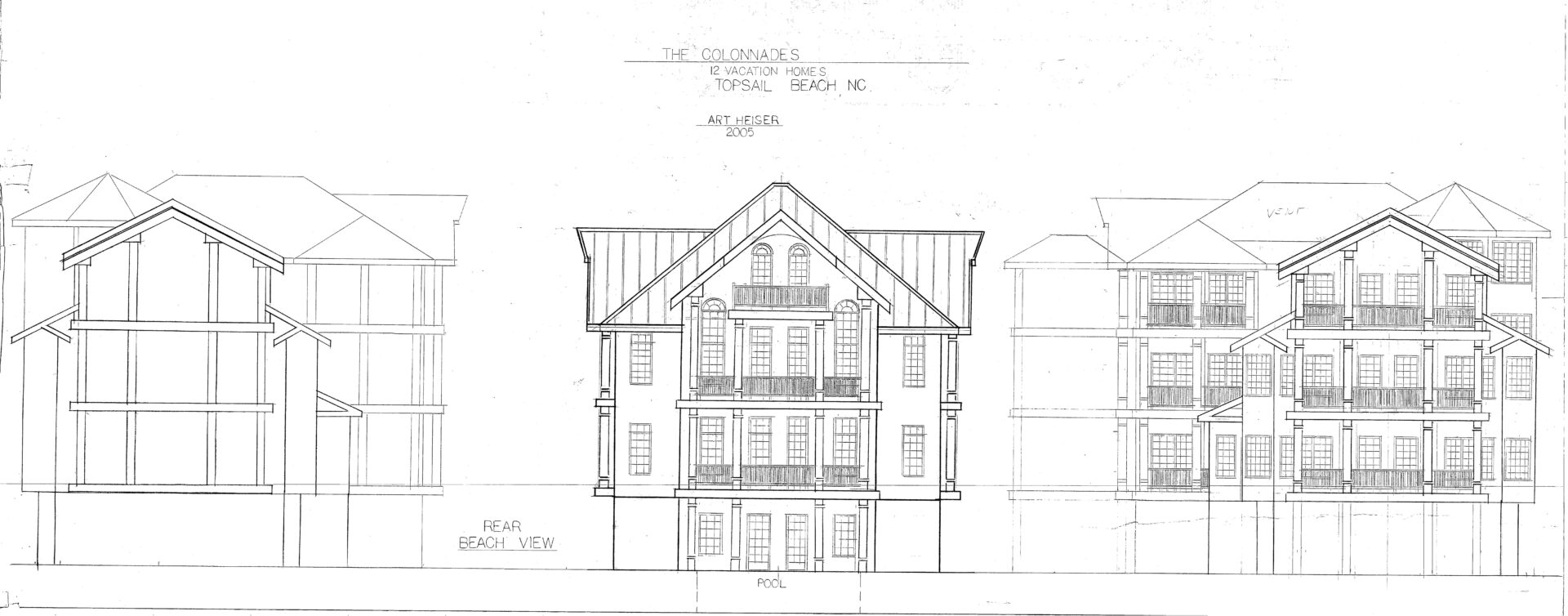 A drawing of the front of an apartment building.