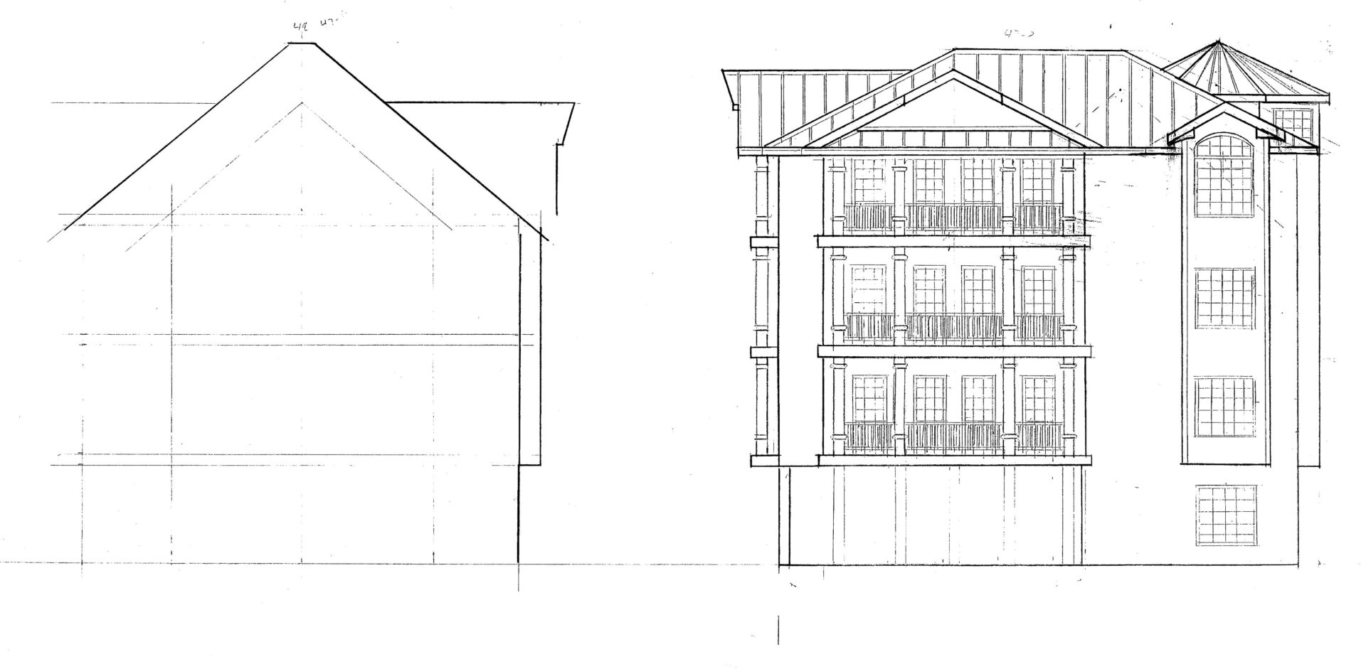 A drawing of the side and front elevations of an apartment building.