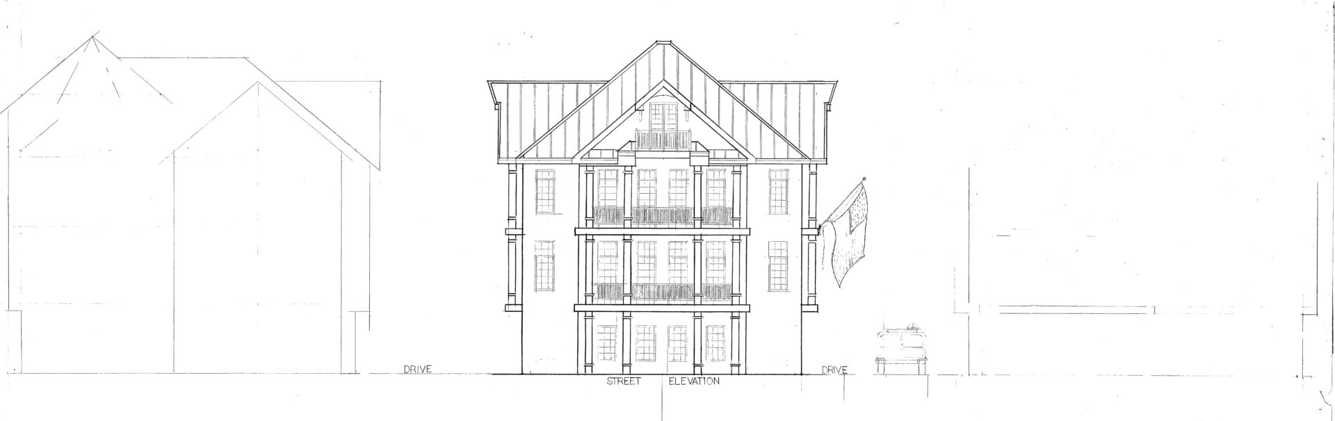 A drawing of the front elevation of an apartment building.