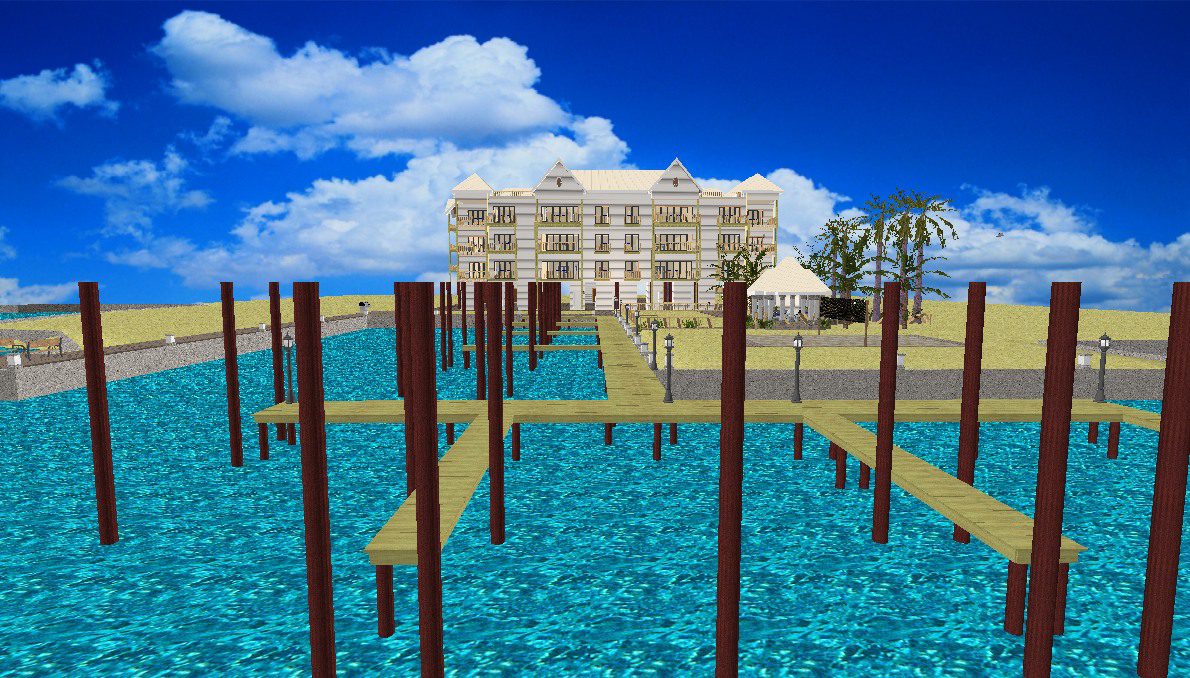 A 3 d image of the water and buildings in front.