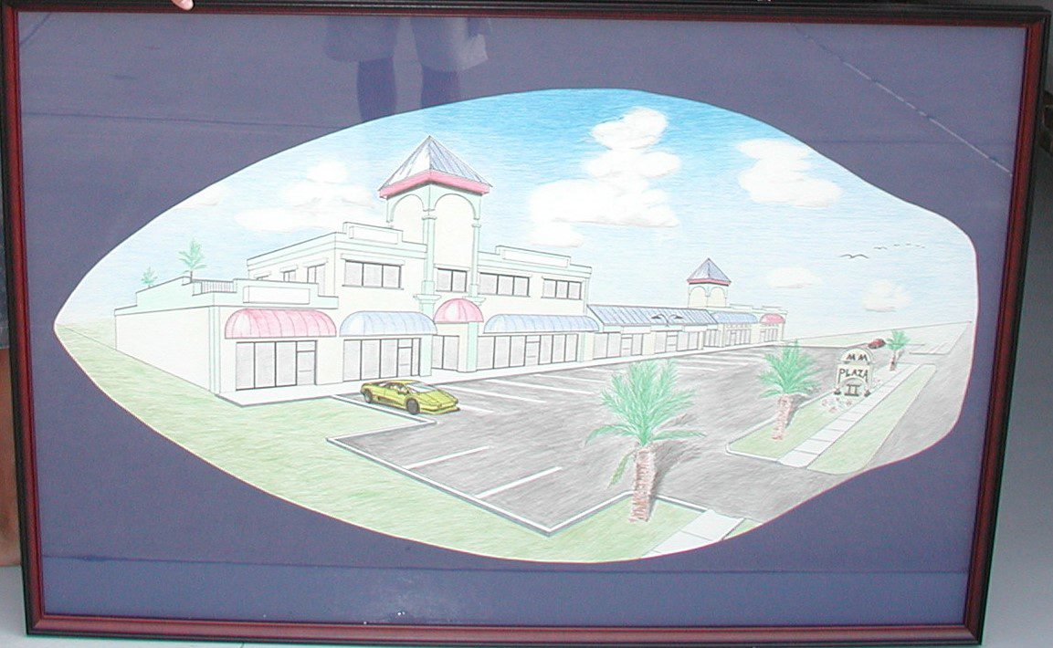 A painting of a building and parking lot.