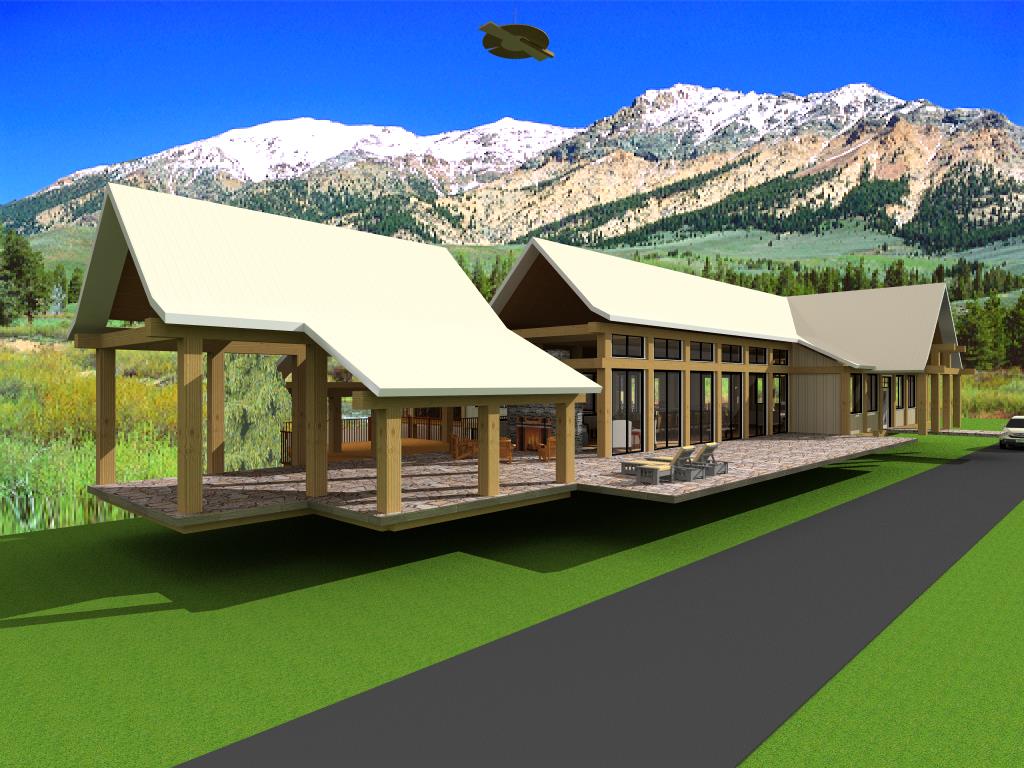 A rendering of the front of a house with mountains in the background.