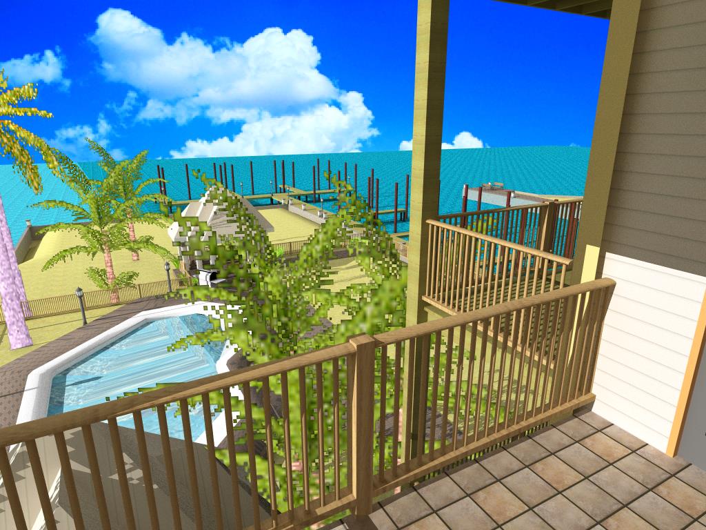 A balcony with a view of the ocean and palm trees.