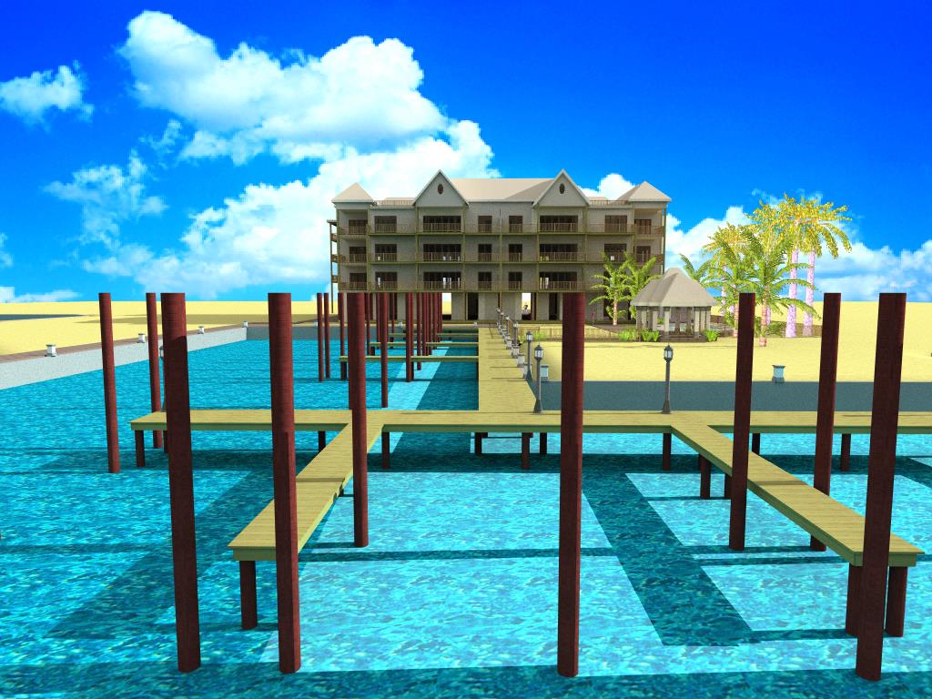 A dock with benches and a building in the background.