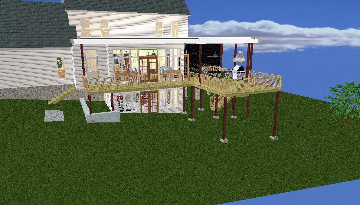 A 3 d rendering of the back deck and patio.