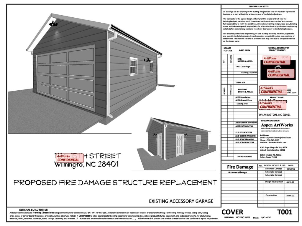 A drawing of a garage with a fire damage structure.