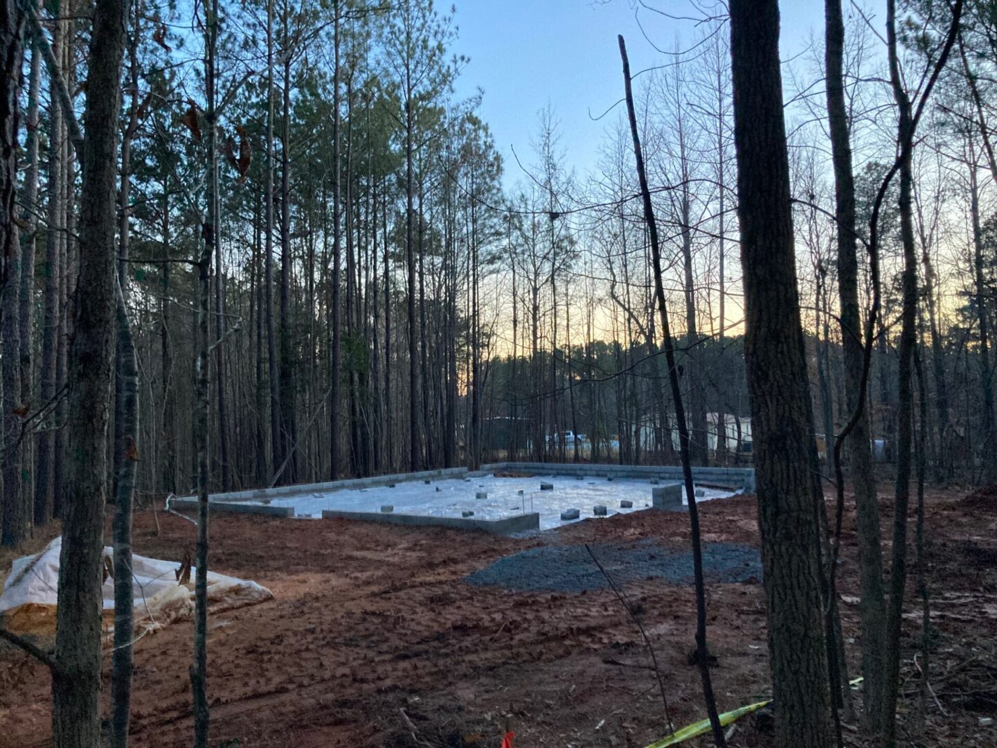 A large concrete slab in the middle of a forest.