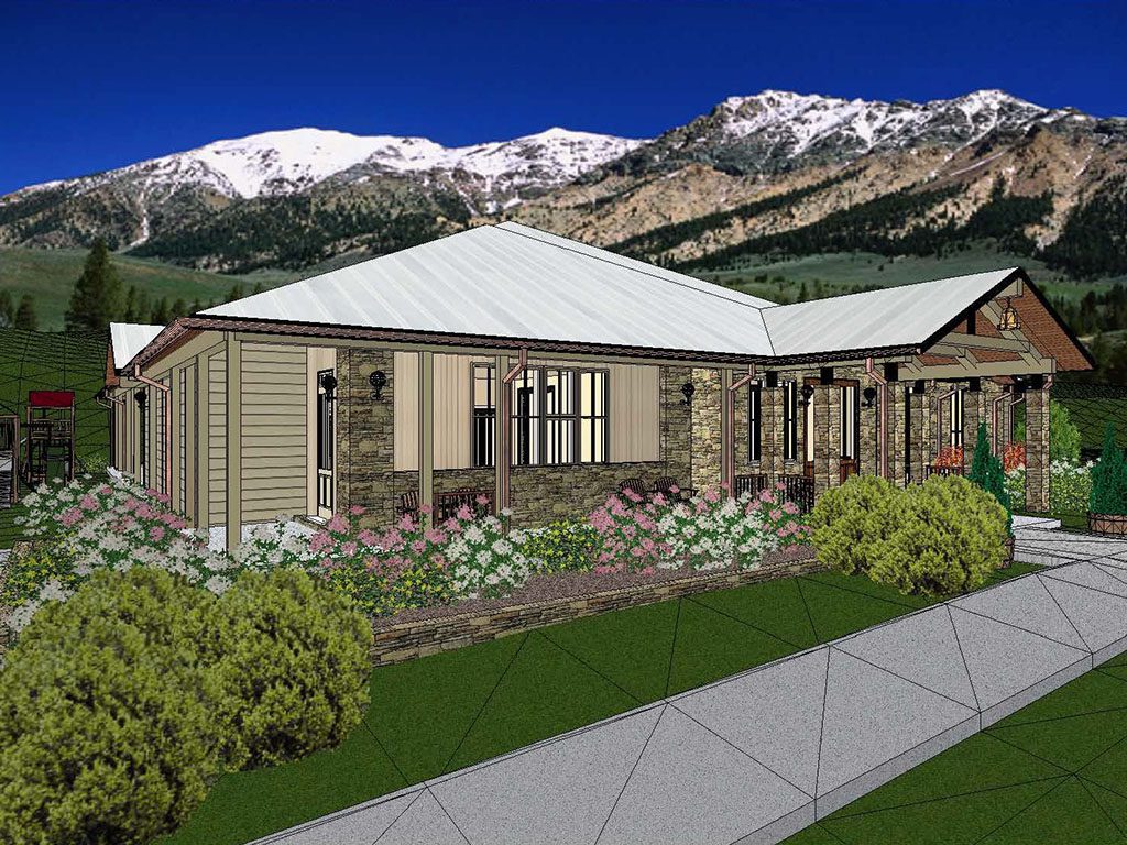 A rendering of the front of a house with mountains in the background.