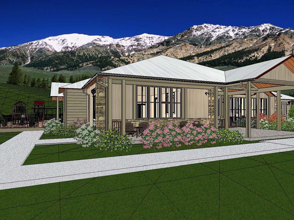 A rendering of the front of a house with mountains in the background.