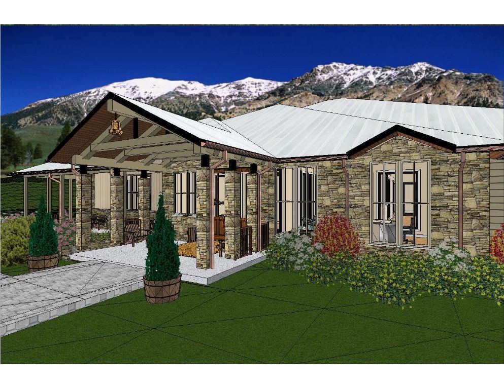 A 3 d rendering of a house with snow capped mountains in the background.