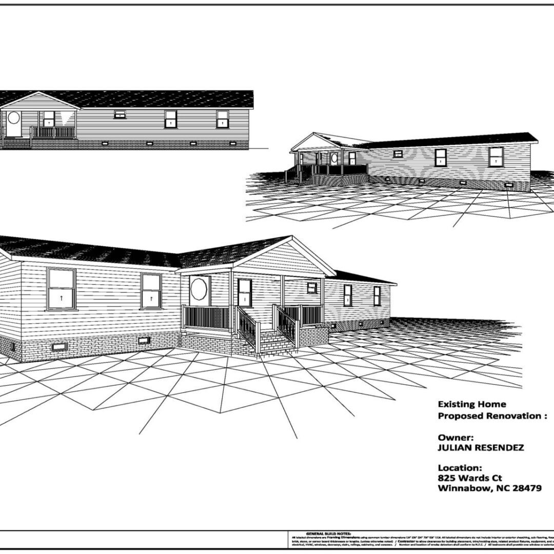 A drawing of the front and side views of a house.