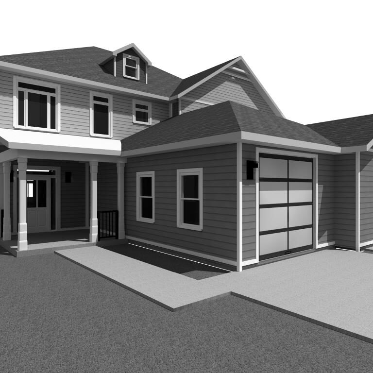 A black and white rendering of a house