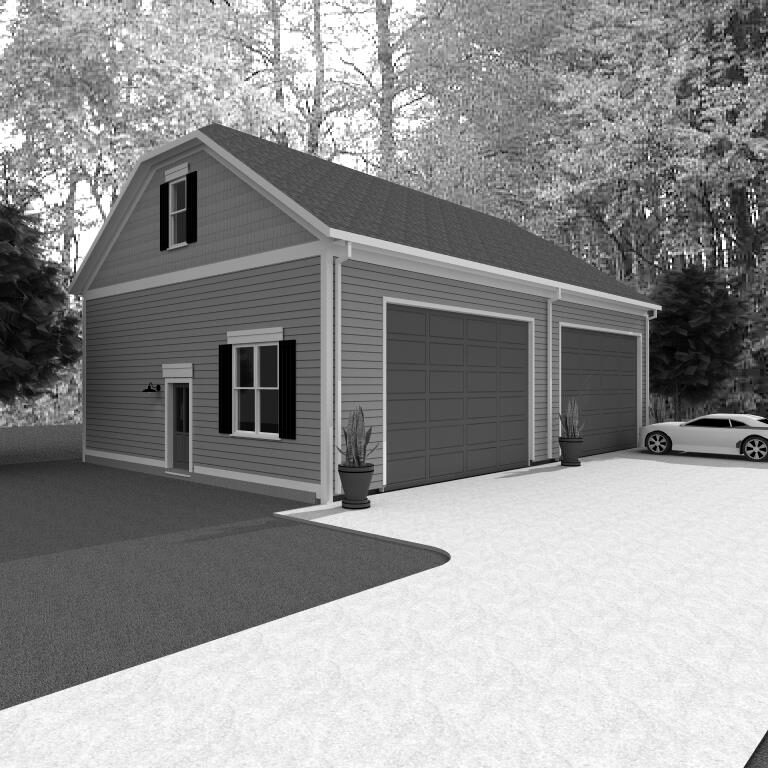 A black and white rendering of a garage.