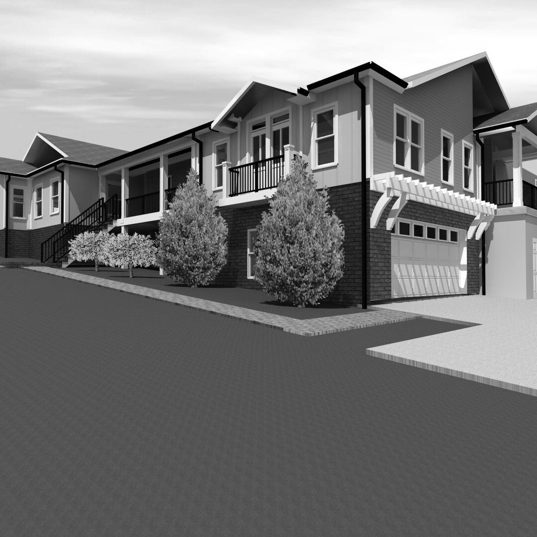 A black and white rendering of a residential area.