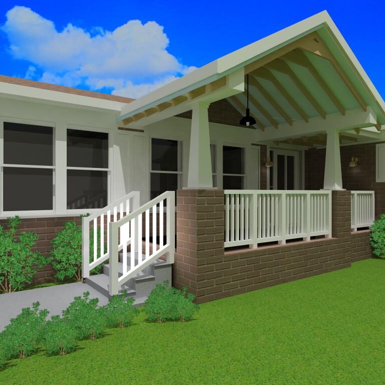 A 3 d rendering of the front porch and steps.