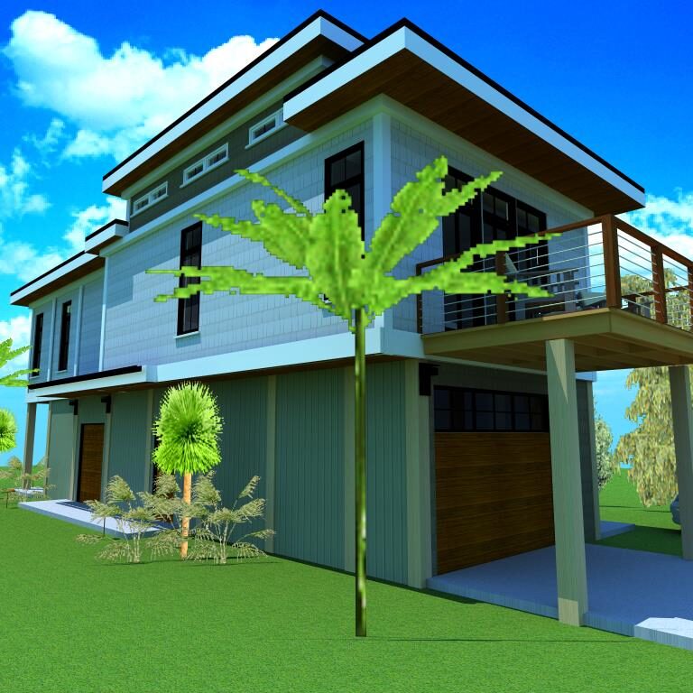 A 3 d rendering of a house with a palm tree in the background.