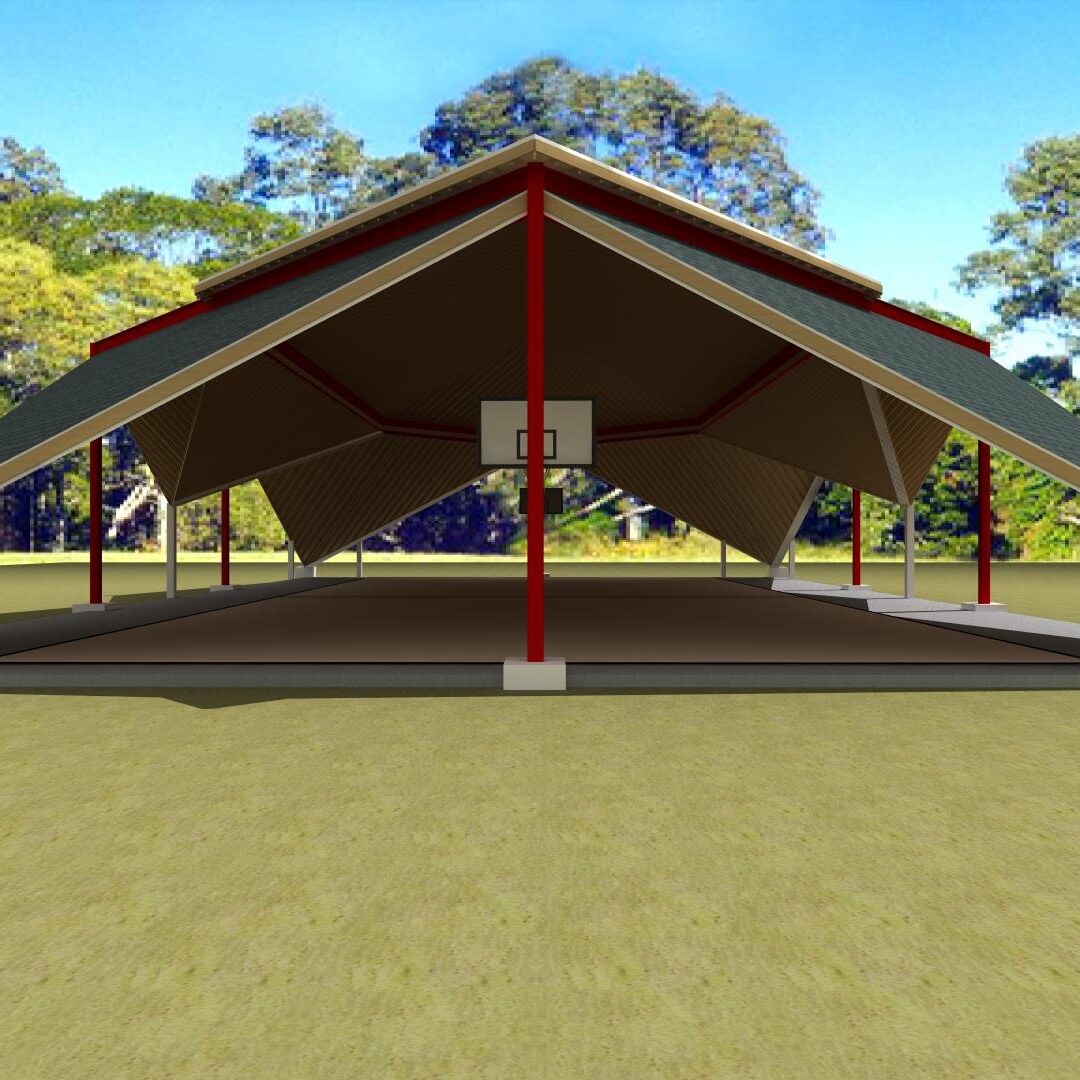 A large tent with red poles and a basketball hoop.